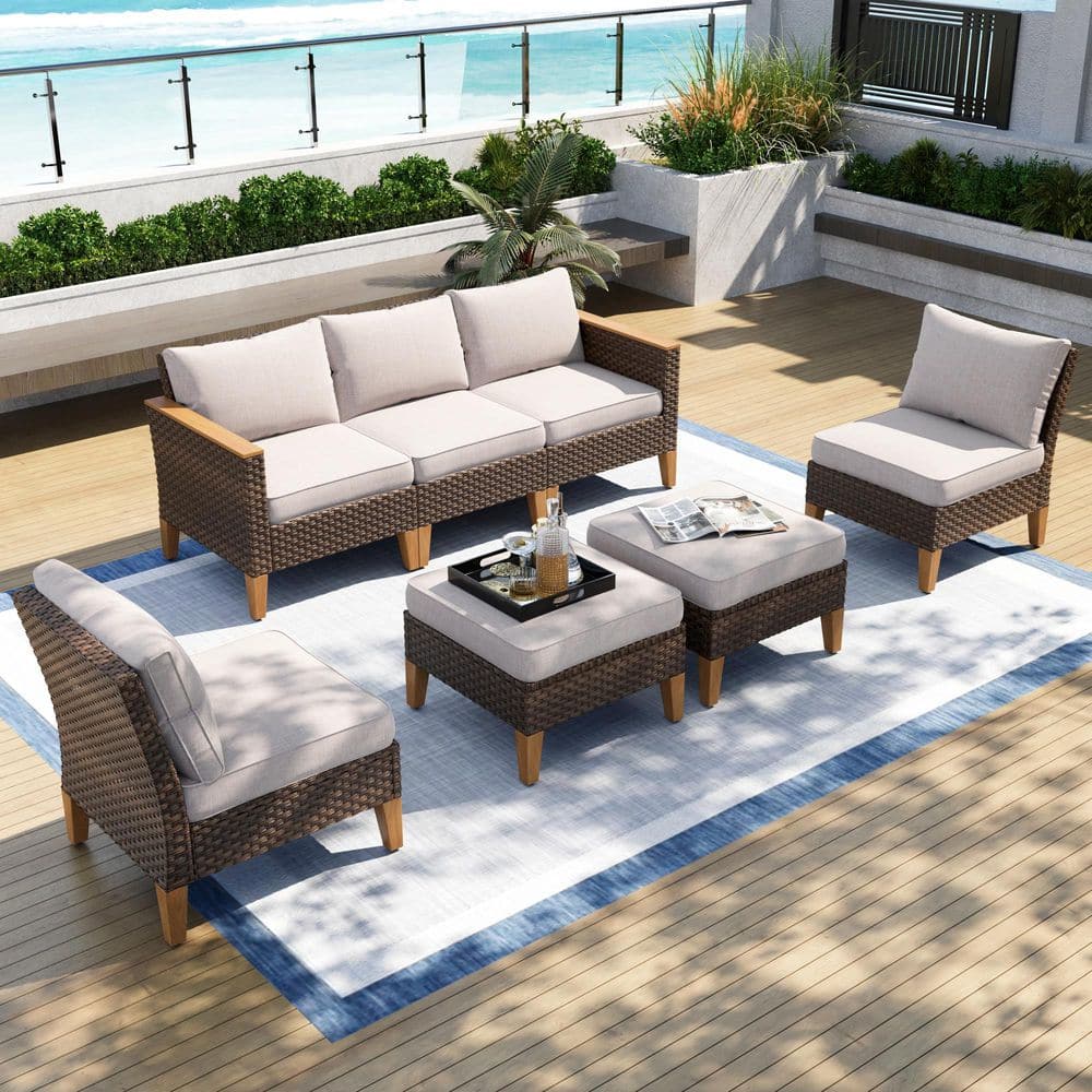 PHI VILLA Brown Rattan Wicker 7 Seat 7-Piece Steel Outdoor