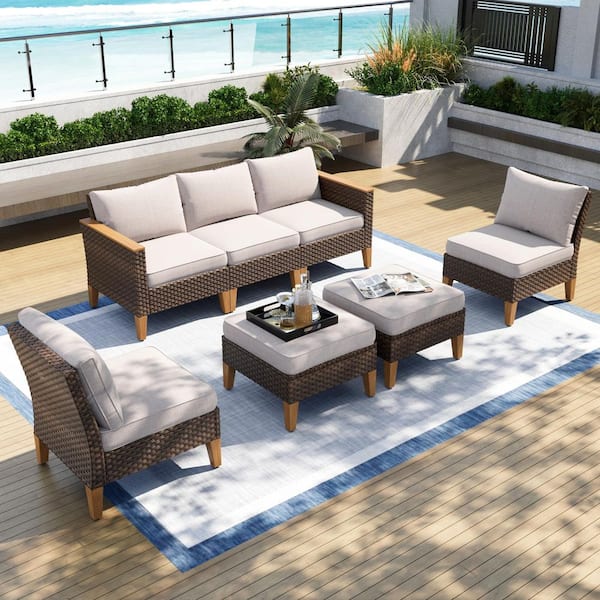 PHI VILLA Brown Rattan Wicker 7 Seat 7-Piece Steel Outdoor Sectional Set with Beige Cushions and 2 Ottomans