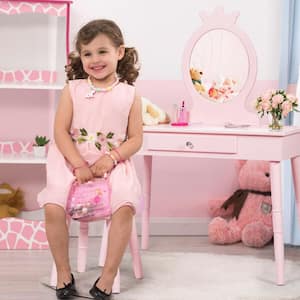 Pink Kids Vanity Makeup Table and Chair Set Make Up Stool Play Set for Children