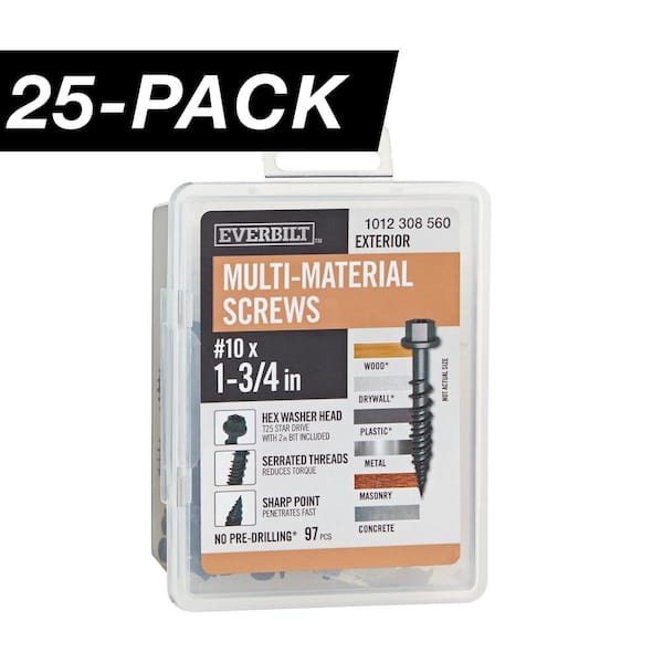 25-Pack #10 x 1-3/4 in. Black 6-Lobe Drive Exterior Washer Hex Head Multi-Material Screw (25 lbs. / 2,425-Piece)