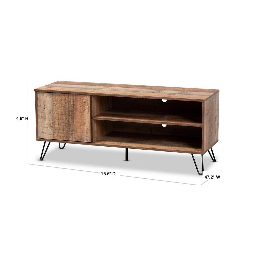 Retro Rustic Oak 48" TV Stand with Black Hairpin Legs and Cabinet