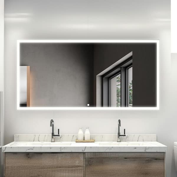 Edge 72 in. W x 32 in. H Rectangular Frameless Wall Mount Bathroom Vanity Mirror Silver, LED Lighting