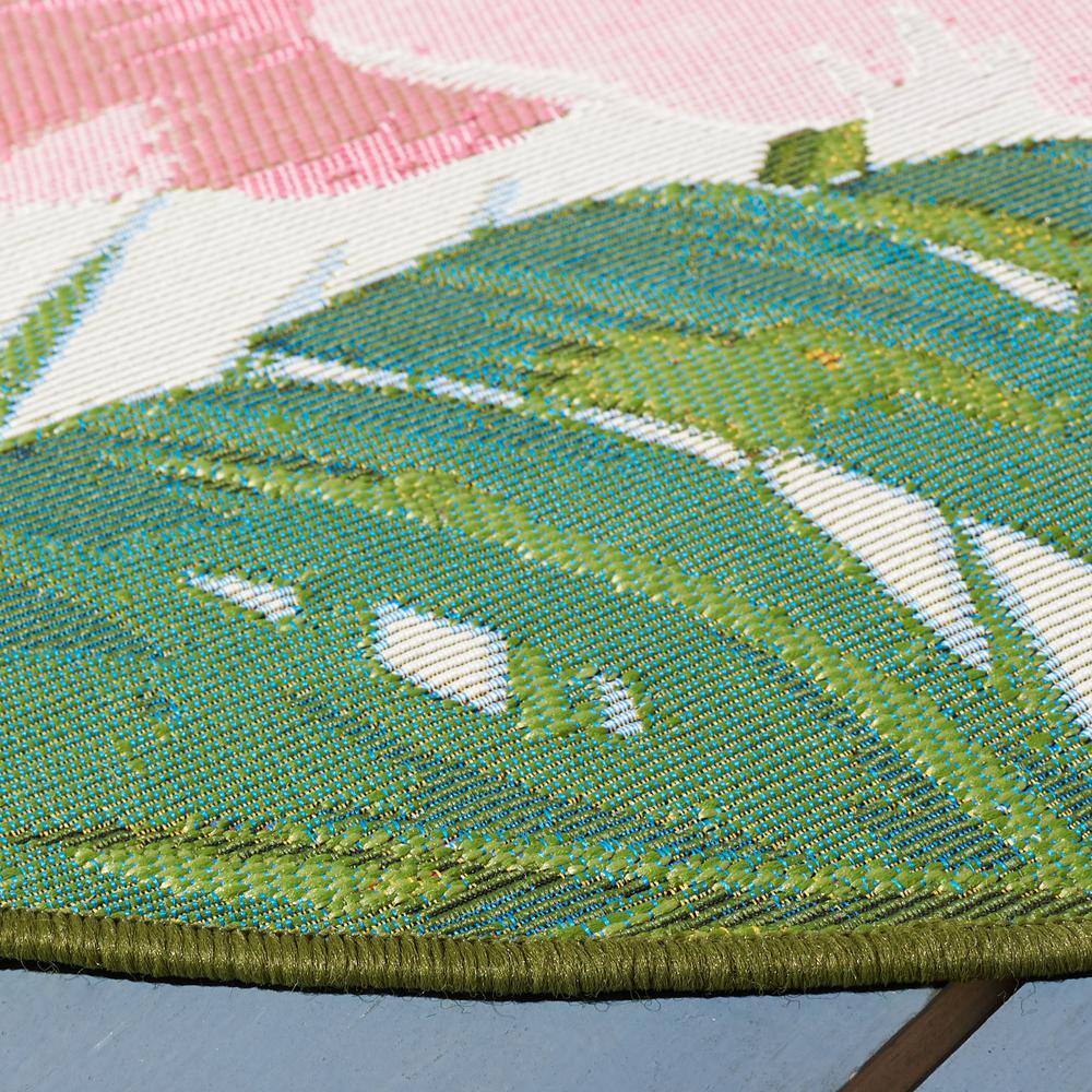 Tropical Floral Round Green and Pink Synthetic Area Rug
