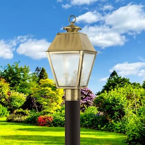 Willowdale 17.5 in. 2-Light Antique Brass Cast Brass Hardwired Outdoor Rust Resistant Post Light with No Bulbs Included