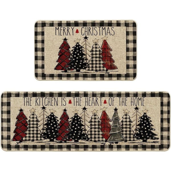 Black Plaid Xmas Tree Merry Christmas Indoor Kitchen Mats Set of 2 (17 in. x 29 in. Plus 17 in. x 47 in. )