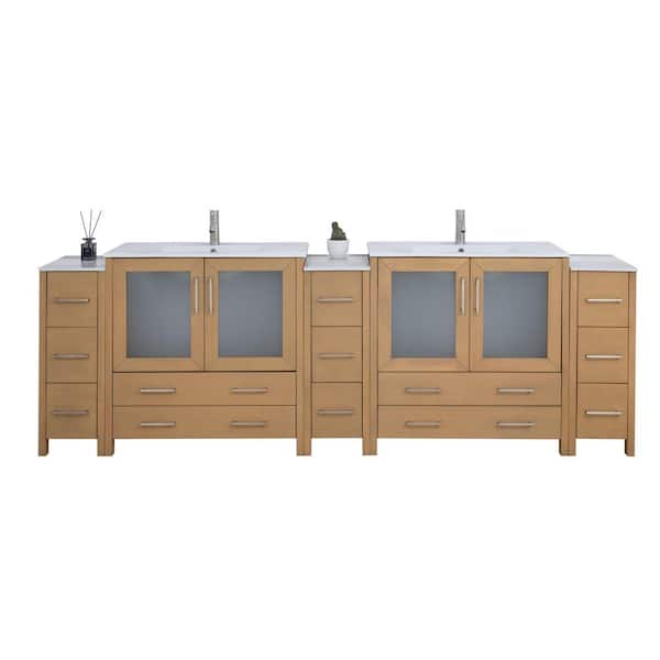 Vanity Art 108 in. W x 18 in. D x 36 in. H Natural Oak Bath Vanity with White Ceramic Top and Mirror