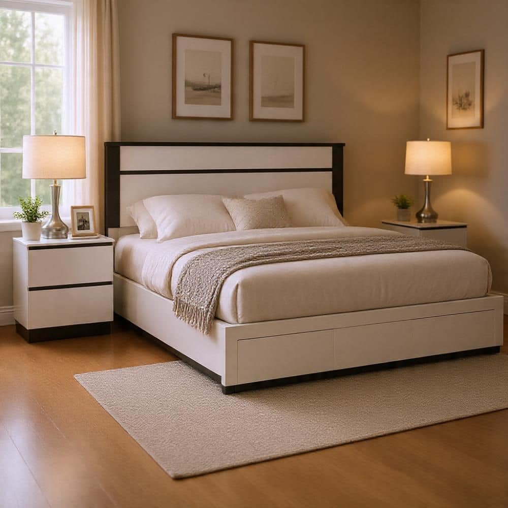 2-Piece White and Metallic Gray Wood Queen Bedroom Set with Nightstand