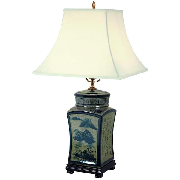 Oriental Furniture 25 in. x 10 in. Blue and White Chinese Calligraphy Porcelain Lamp