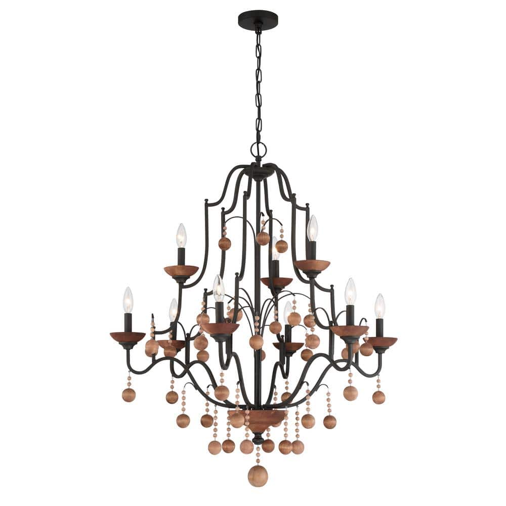 Old World Bronze and Walnut 9-Light Candle Chandelier