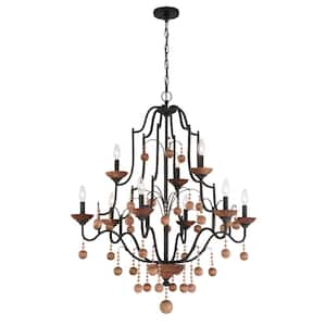 Colonial Charm 9-Light Old World Bronze Candlestick Chandelier with Walnut Accents