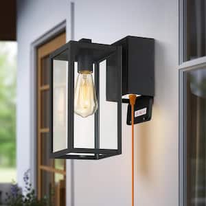 Trevot 1-Light 12 in. Black Outdoor Wall Lantern Sconce with Built-In GFCI Outlets