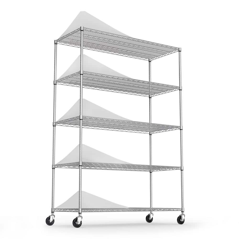 48.00 in. W Chrome 5Tier Metal Pantry Organizer, Adjustable Metal Storage Shelves with Wheels
