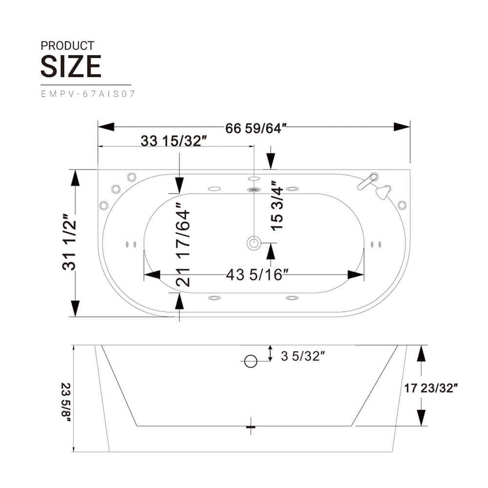 67'' White Acrylic Freestanding Whirlpool Bathtub with Faucet