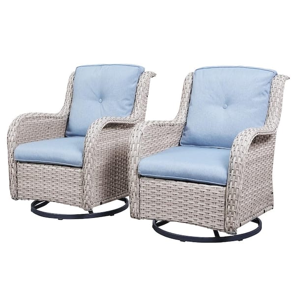 Pocassy Outdoor Swivel LightBeige Wicker Outdoor Rocking Chair with CushionGuard BabyBlue Cushions Patio (Set 2-Pack)