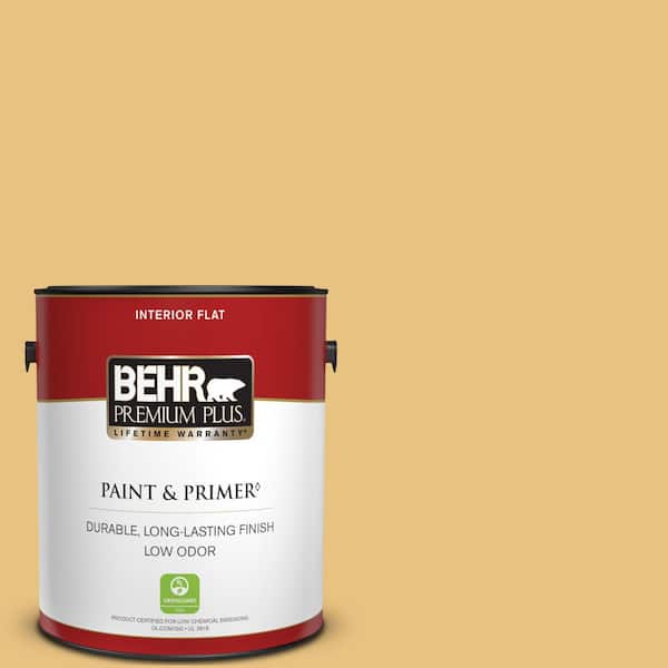 BEHR PREMIUM PLUS 1 gal. #340D-4 Honey Bear Flat Low Odor Interior Paint & Primer