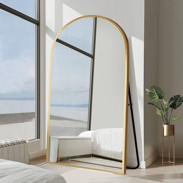 Wooakway Gold 36 in. W x 75 in. H Arch Metal Framed Full Length