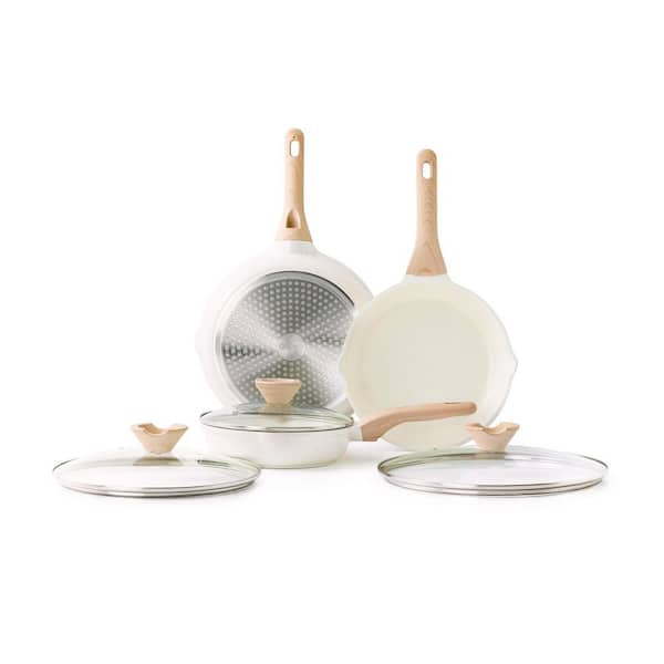 Ceramic Nonstick Saute Pan Set 8 in. 9.5 in. 11 in. White Aluminum Pour Spouts Induction Cooktop Frying Pan with Lid