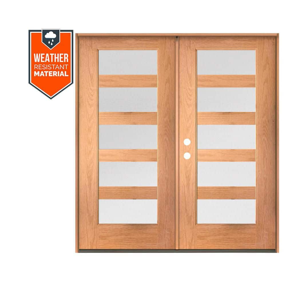 ASCEND Modern 72 in. x 79 in. 5-Lite Right-Active/Inswing Satin Glass Teak Stain Double Fiberglass Prehung Front Door price history on PriceWatchPro