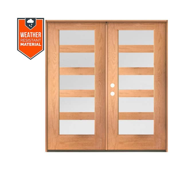 ASCEND Modern 72 in. x 79 in. 5-Lite Right-Active/Inswing Satin Glass Teak Stain Double Fiberglass Prehung Front Door