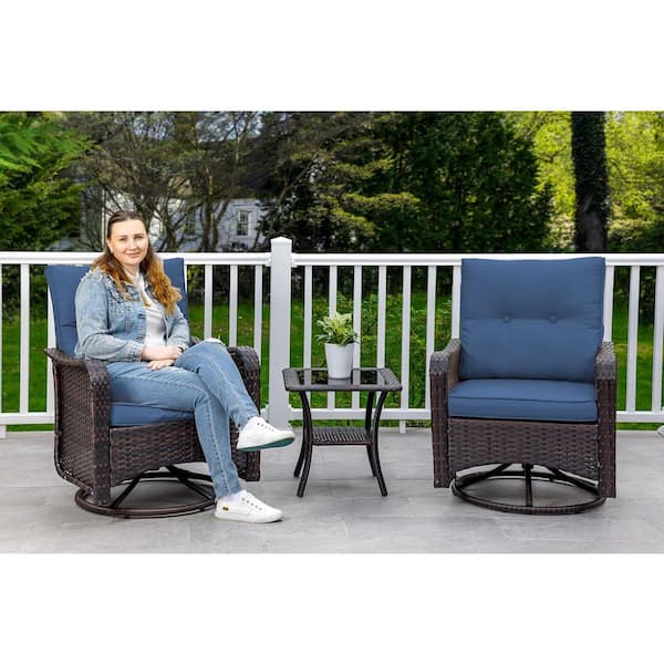 3-Piece Wicker Swivel Outdoor Rocking Chairs with Coffee Table and Cushion Navy Blue