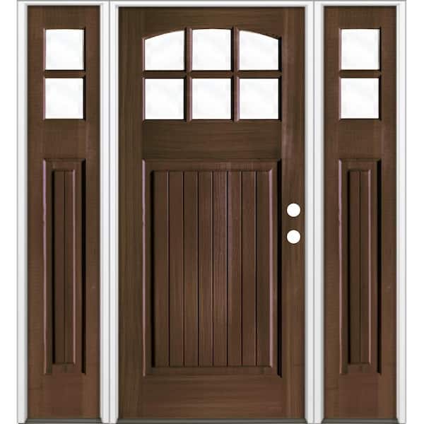 Krosswood Doors 64 in. x 80 in. V-Groove Arched 6-Lite Clear Glass Black Stain Left Hand Hemlock Prehung Front Door with DSL