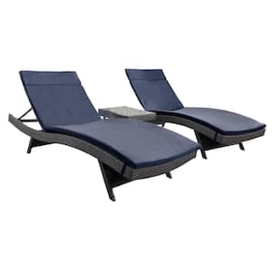 Miller Grey 3-Piece Faux Rattan Outdoor Patio Chaise Lounge and Table Set with Navy Blue Cushions