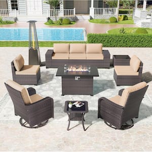 11-Piece Wicker Patio Conversation Set with Fire Pit Table, with Pyramid Heater, Swivel Rocking Chairs Set, Cushion Sand