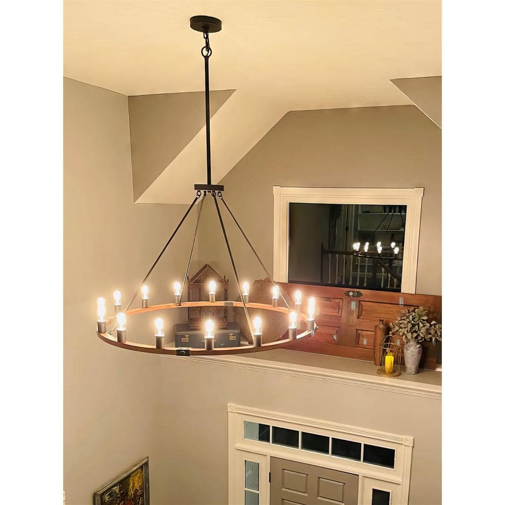 Jericho 48" Black and Oak Wagon Wheel Chandelier
