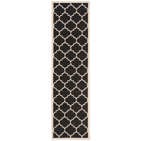 SAFAVIEH Courtyard Black/Beige 2 ft. x 14 ft. Geometric Indoor/Outdoor Patio  Runner Rug