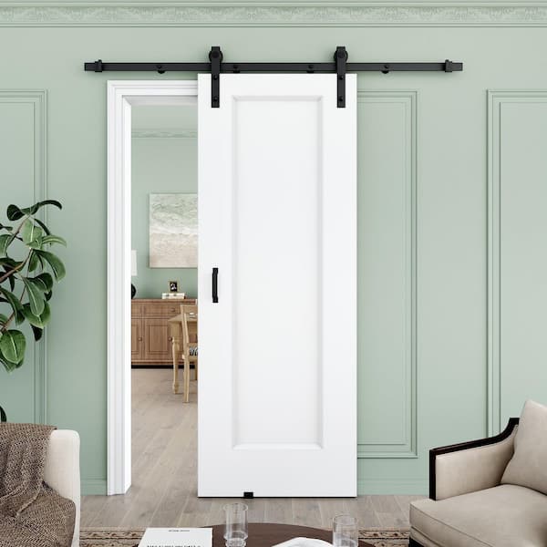 28 in. x 80 in. 1 Panel White Primed MDF Easy Install Sliding Barn Door with Hardware Kit Handle Included for Bathroom