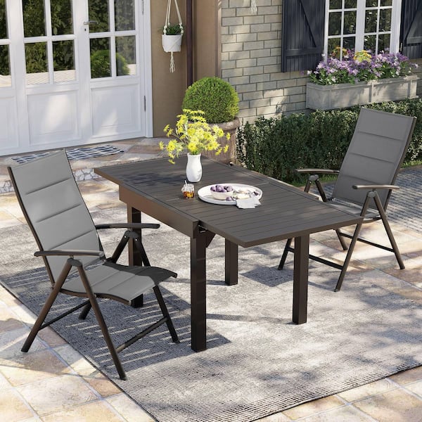 Pellebant 3 Pieces Aluminum Outdoor Patio Dining Set with Extension Table and Adjustable Folding Chairs in Gray