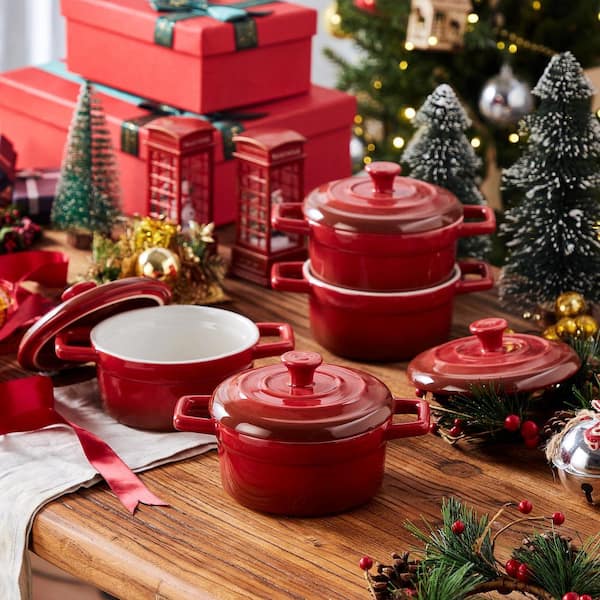1.5 qt. Mini Cocotte Round Ceramic Casserole Dish in Red with Lid