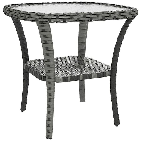 Rattan Coffee Table with Storage, Wicker End Table with Glass Top for Outdoor Patio Garden