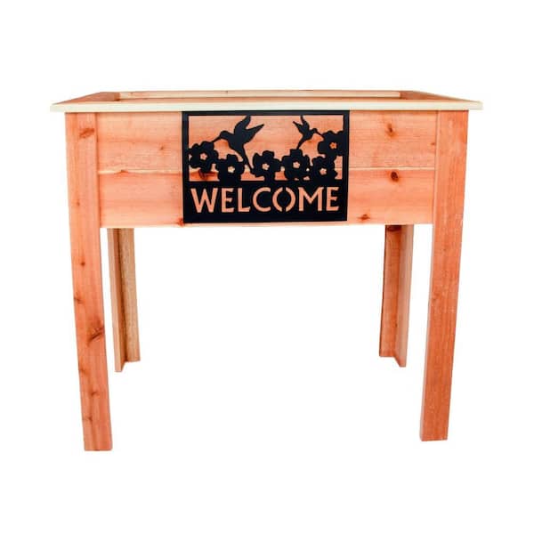 Hollis Wood Products 36 in. Redwood Raised Planter with Welcome Sign