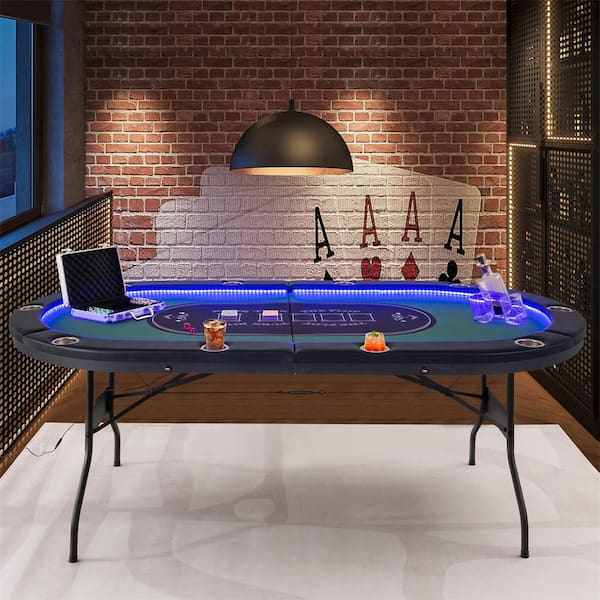 Casino Texas Holdem Foldable 10 Player Poker Table with LED Lights USB Ports in Green (1-Pack)