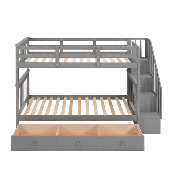 STICKON Gray Twin Over Twin Size Stairway Bunk Bed with 3-Drawers