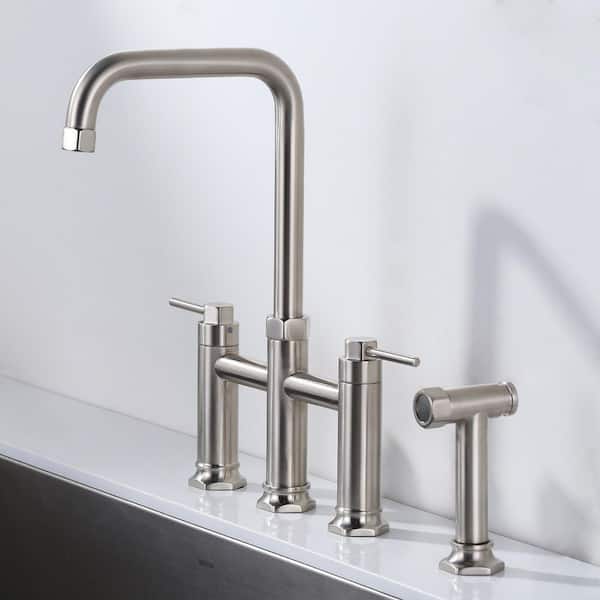 Double Handle Brass Bridge Kitchen Faucet with Side Sprayer in Brushed Nickel
