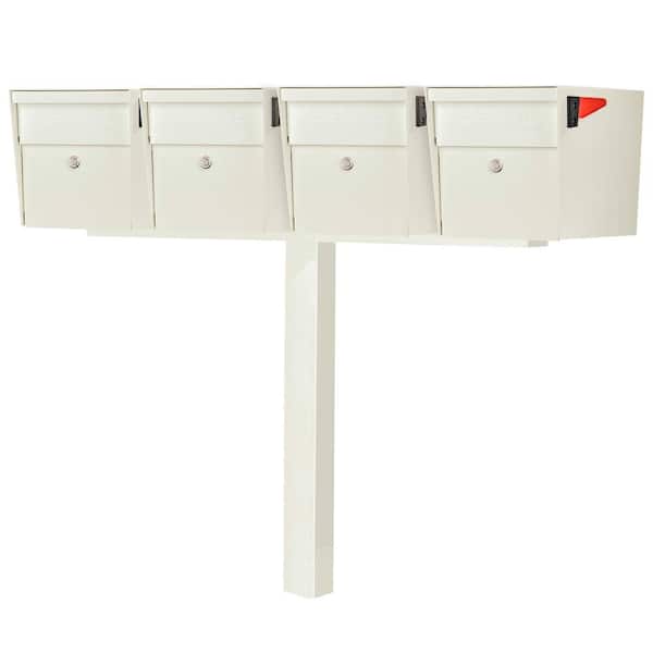 MailBoss X4 Locking Mailbox Post Mount Combo Kit, Cream White, In-Ground Post, 4-Compartment High Security Cluster
