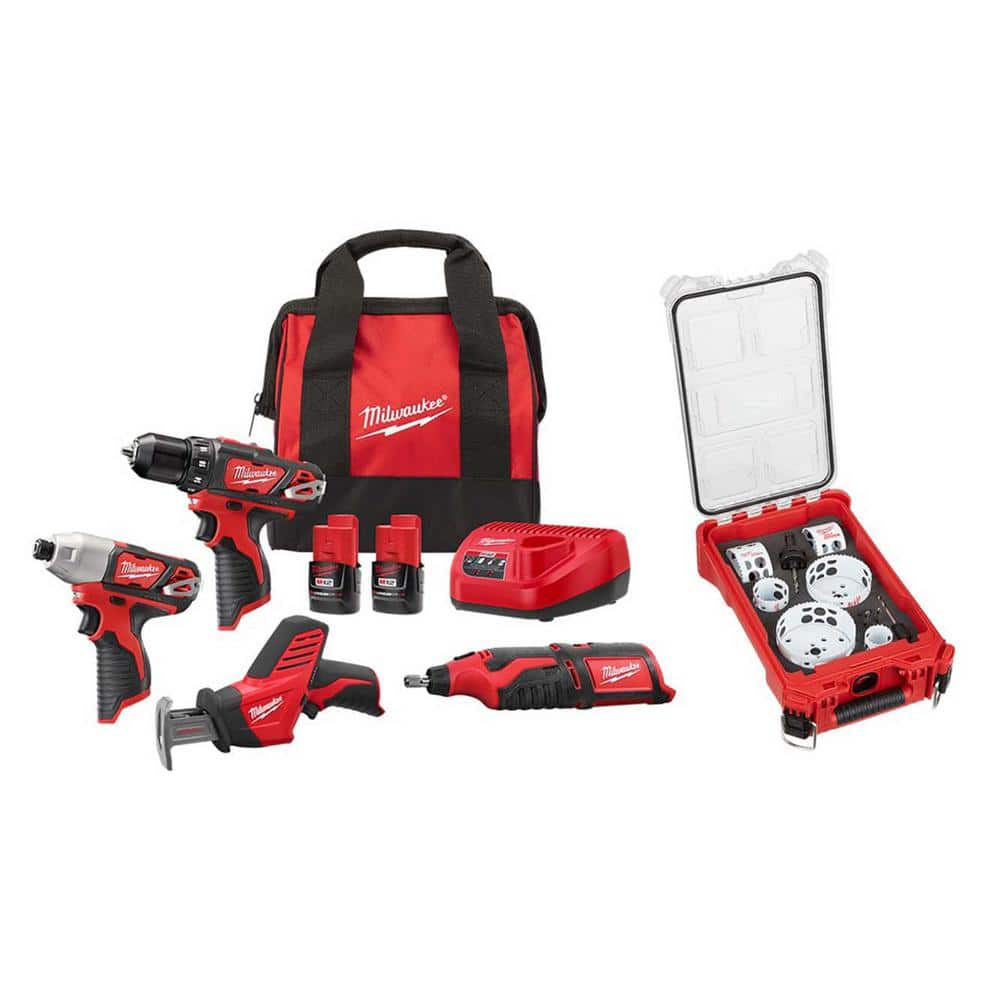 Milwaukee M12 12V Li-Ion Cordless 4-Tool Combo Kit with (2) Compact 1.5Ah Batteries & Charger with PACKOUT Hole Saw Set (10-Pc)