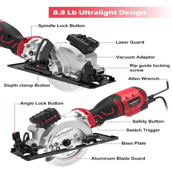 6.2 Amp 4-1/2 in. Electric Mini Circular Saw with 6 Blades Max Cutting  1-11/16 in. D 90°, Rubber Handle