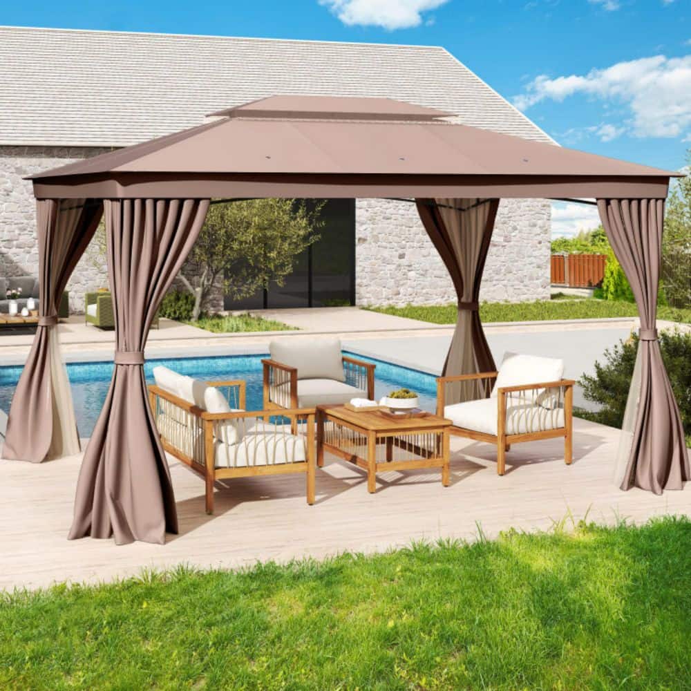 10 ft. x 13 ft. Double-Roof Brown Canopy Patio Gazebo with Mesh Netting and Curtains price history on PriceWatchPro