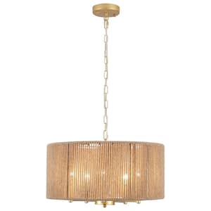 5-Light Gold Pendant Design Drum Rattan Chandelier with Brown Hand Woven Shade