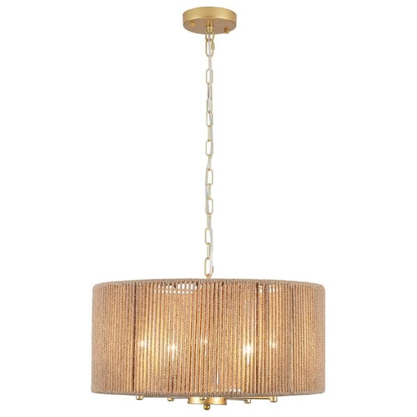ADSENSTY 5-Light Gold Pendant Design Drum Rattan Chandelier with Brown Hand Woven Shade