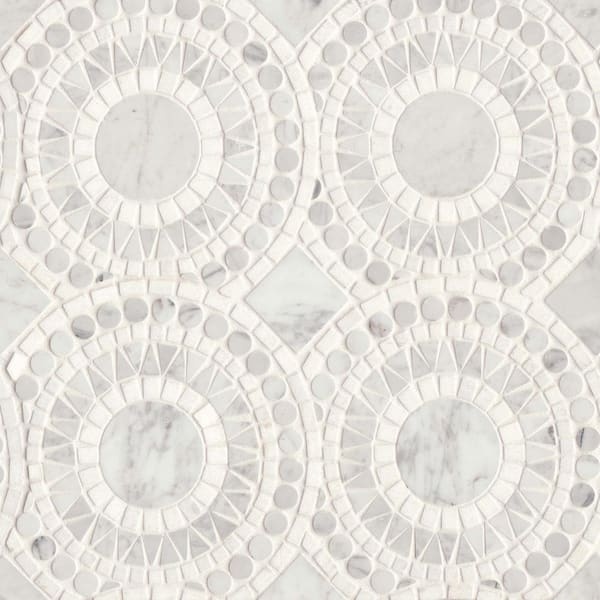 Bedrosians Sample-Solis Circle 4 in. x 5 in. Honed White Carrara/White Thassos Marble Mosaic Tile