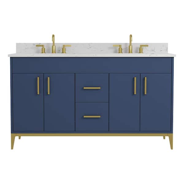 Barrie 61 in. Double Sink Freestanding Blue Bath Vanity with White Engineered Stone Top and Backsplash Assembled