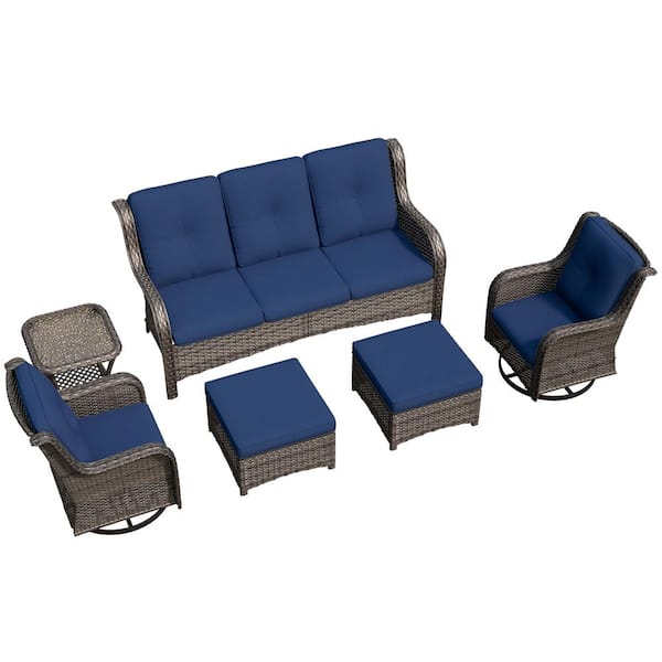 6-Piece Wicker Outdoor Sectional Sofa Set Patio Conversation with Blue Cushions