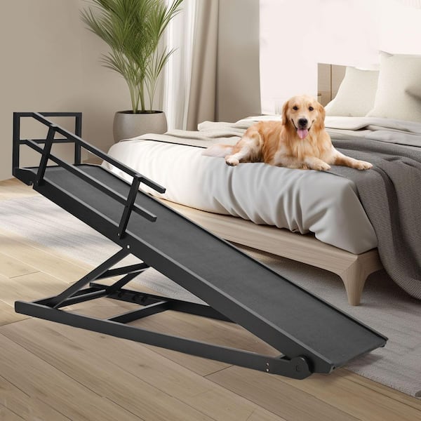 Dog Ramp for Bed Adjustable Pet Ramps Adjustable Height 27.5 in. Non-Slip Rubber Surface-Folding Wooden Dog Ramp
