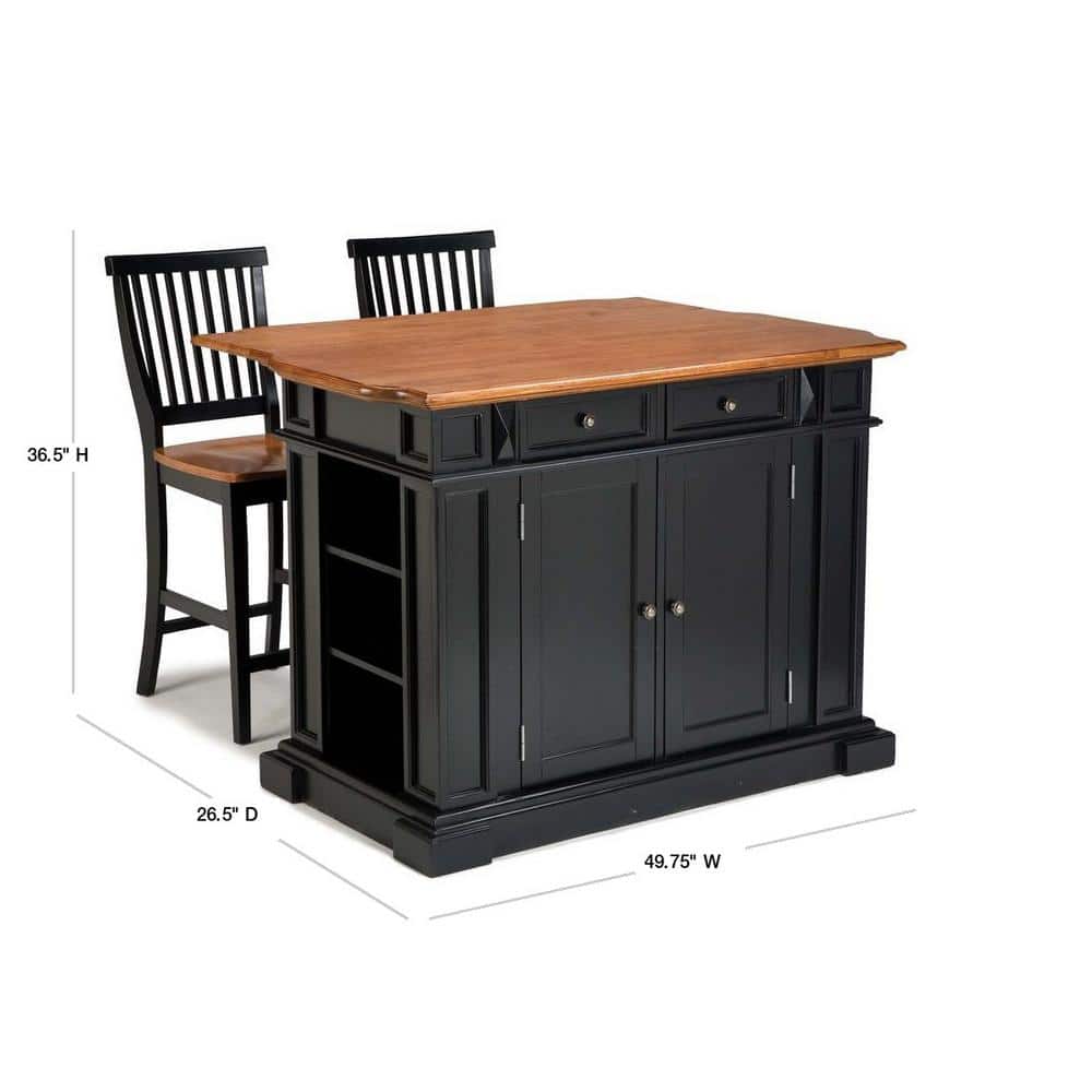 Black and Oak Wood Kitchen Island Set with Stools