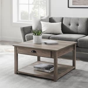 30 in. Gray Wash Medium Square Wood Coffee Table with Drawers