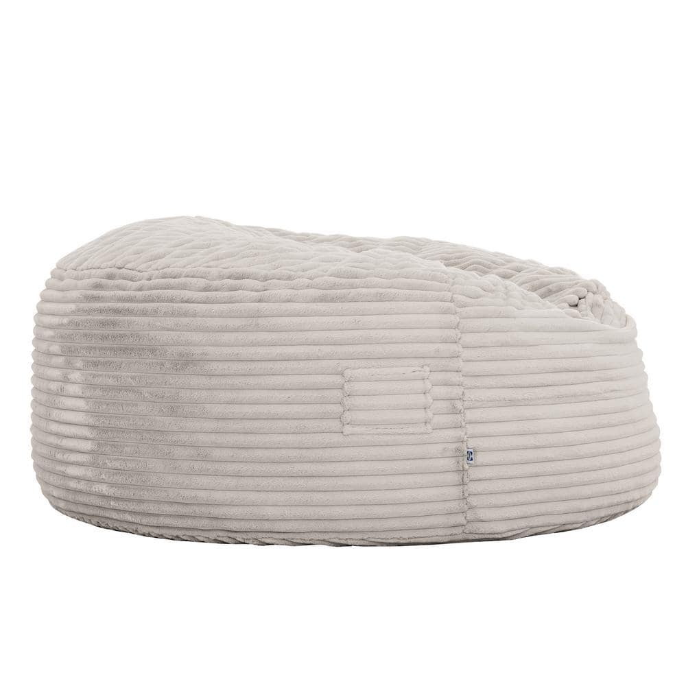 Side view of a taupe ribbed bean bag chair.